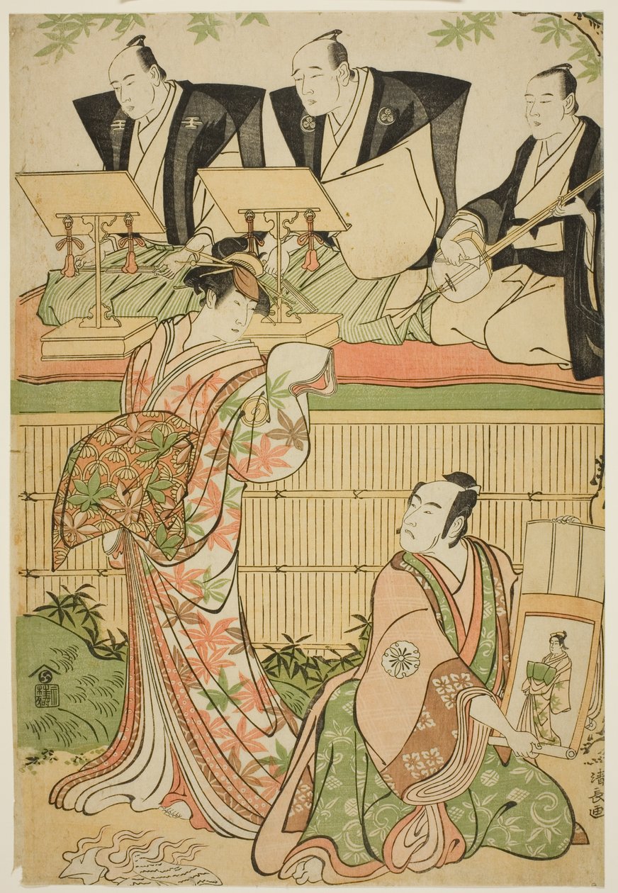 Skuespillerne Matsumoto Koshiro IV som Ukita Sakingo og Sawamura Sojuro III som kurtisanen Takaos spøgelse i stykket "Ominaeshi Sugata no Hatsuaki", opført på Nakamura Theatre, 1788 af Torii Kiyonaga
