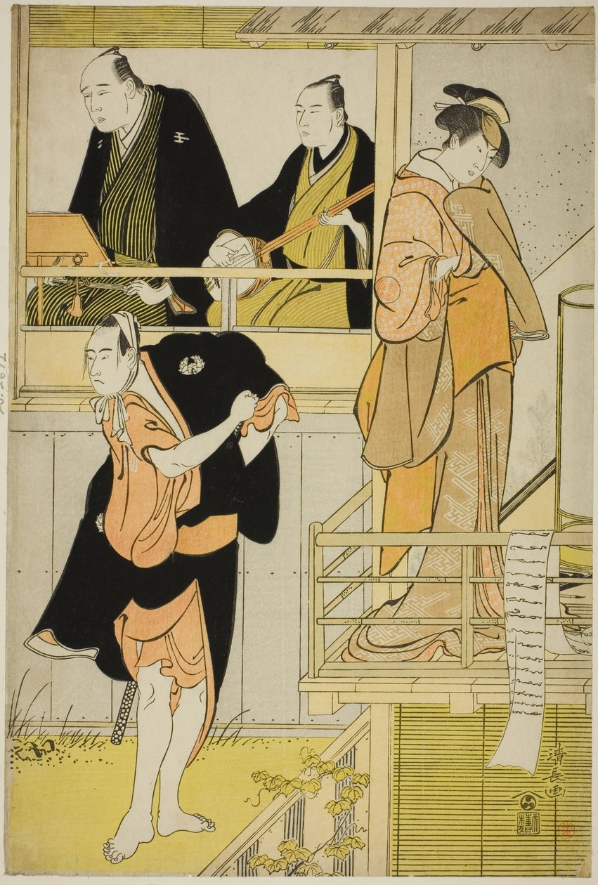 Skuespillerne Nakamura Riko I som Tanbaya Otsuma og Ichikawa Yaozo III som Furuteya Hachirobei, i joruri "Sakamachi Yoi no Yotsutsuji", optrådte på Nakamura Theatre i den tredje måned, 1785 af Torii Kiyonaga