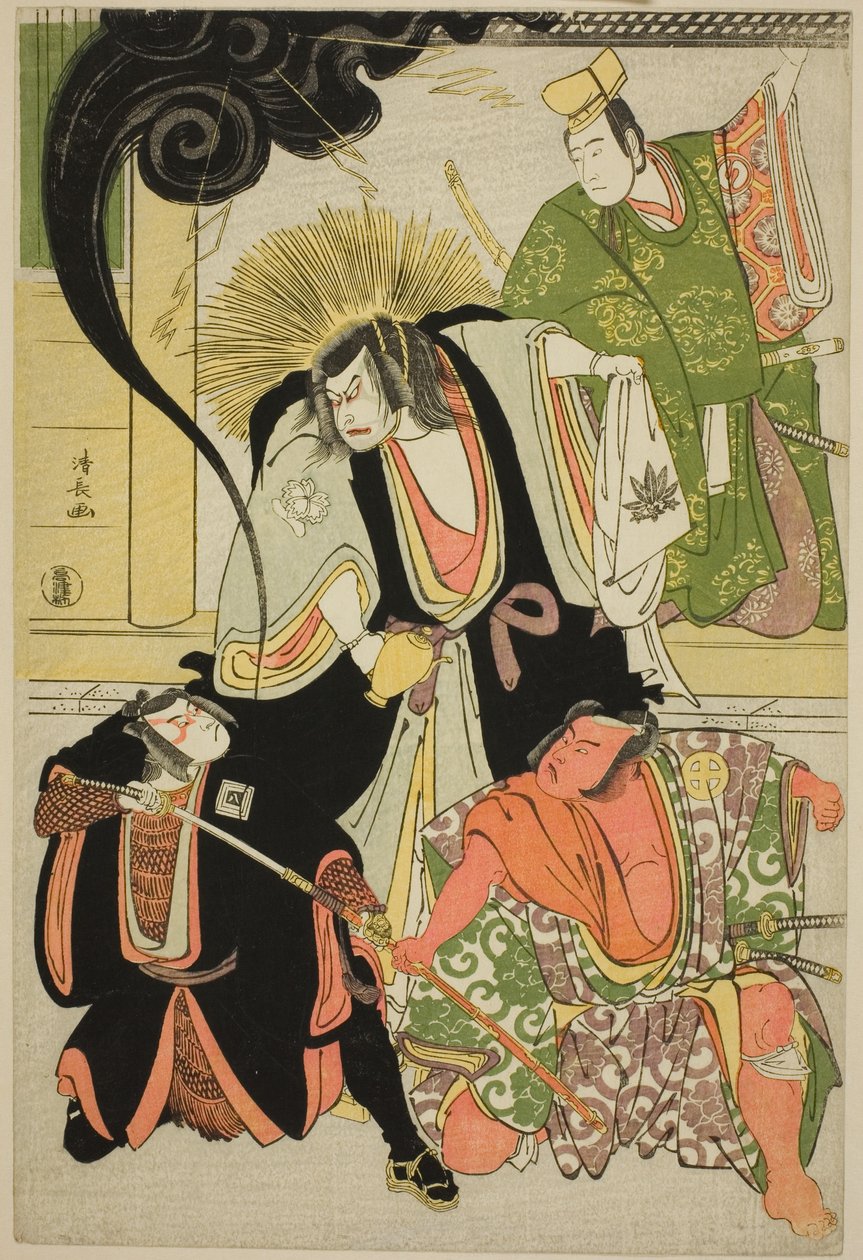 Skuespillerne Nakayama Kojuro VI (Nakamura Nakazo I) som Hatchotsubute no Kiheiji, Otani Hiroji III som Miura Arajiro, Ichikawa Yaozo III som Akugenta Yoshihira, Sawamura Sojuro III som Taira no Shigemori, i shosaen "Fukyoku Edo Geisha," opført på Nakama. af Torii Kiyonaga