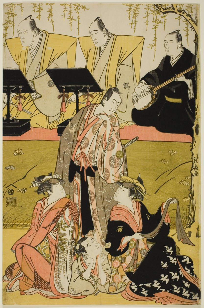 Skuespillerne Sawamura Sojuro III som Soga no Juro, Osagawa Tsuneyo II som Oiso no Tora, Azuma Tozo III som Miura Katagai og Otani Tokuji I som Danzaburo, i joruri "Chidorigake Koi no Tamaboko," optrådte på Ichimura Theatre i den første måned, 1784 af Torii Kiyonaga
