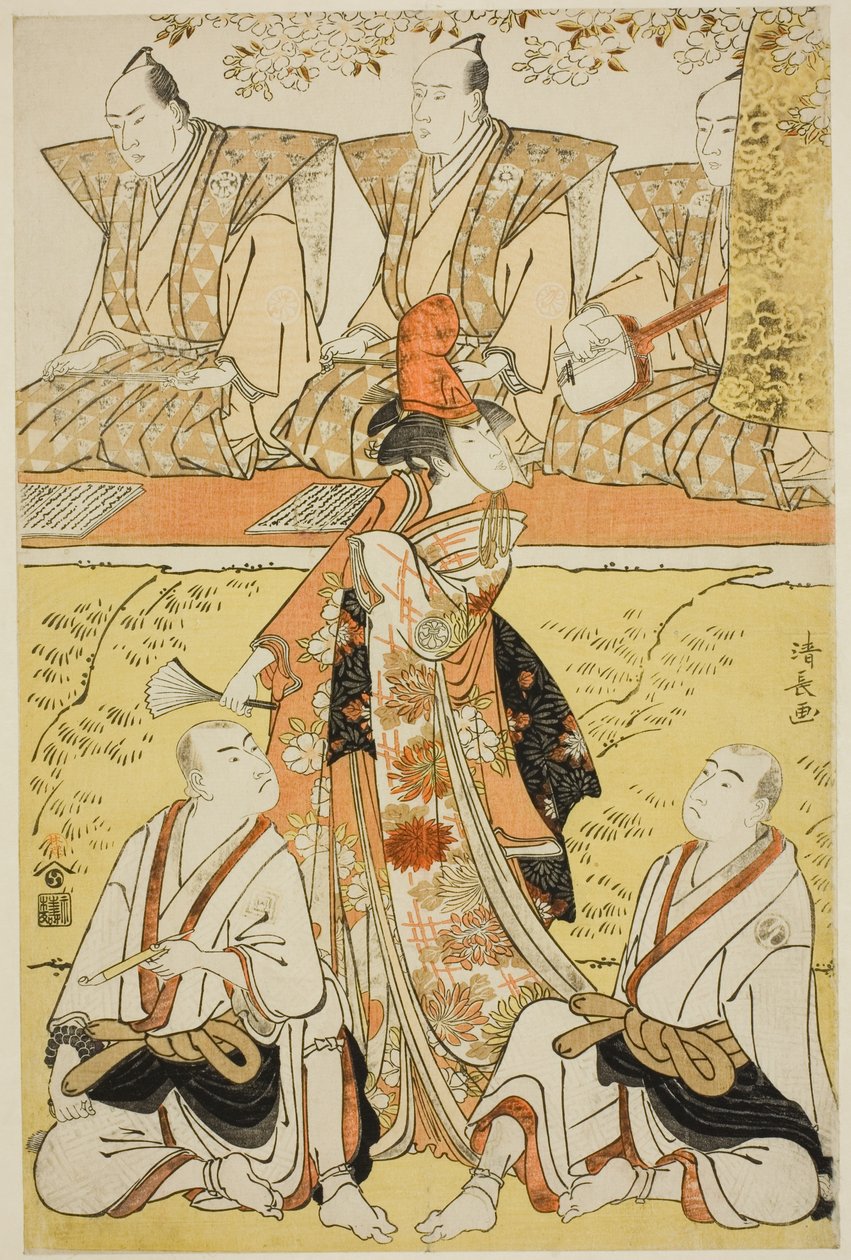 Skuespillerne Segawa Kikunojo III som Koito, Sawamura Sojuro III som munken Sainenbo og Ichikawa Monnosuke II som munken Renseibo, i shosaen "Mata Saku Hana Museume Dojoji", opført på Nakamura Theatre i den fjerde måned, 1783 af Torii Kiyonaga