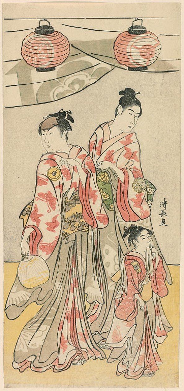 Skuespillerne Yamashita Mangiku, Iwai Hanshiro IV og Iwai Kumesaburo fra en pentatykon med elleve skuespillere, der fejrer Soga-brødrenes helligdom af Torii Kiyonaga