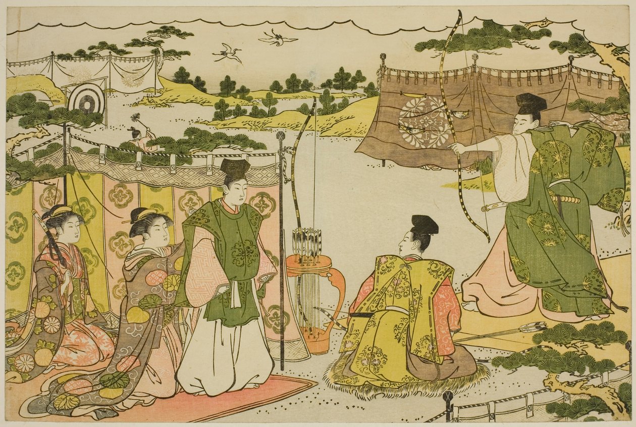 Den første bueskydning i det nye år (Yumi hajime), fra den illustrerede bog "Colors of the Triple Dawn (Saishiki mitsu no asa)" af Torii Kiyonaga