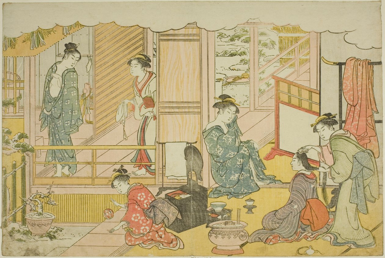 Det første bad i det nye år (Yudono hajime), fra den illustrerede bog "Colors of the Triple Dawn (Saishiki mitsu no asa)" af Torii Kiyonaga