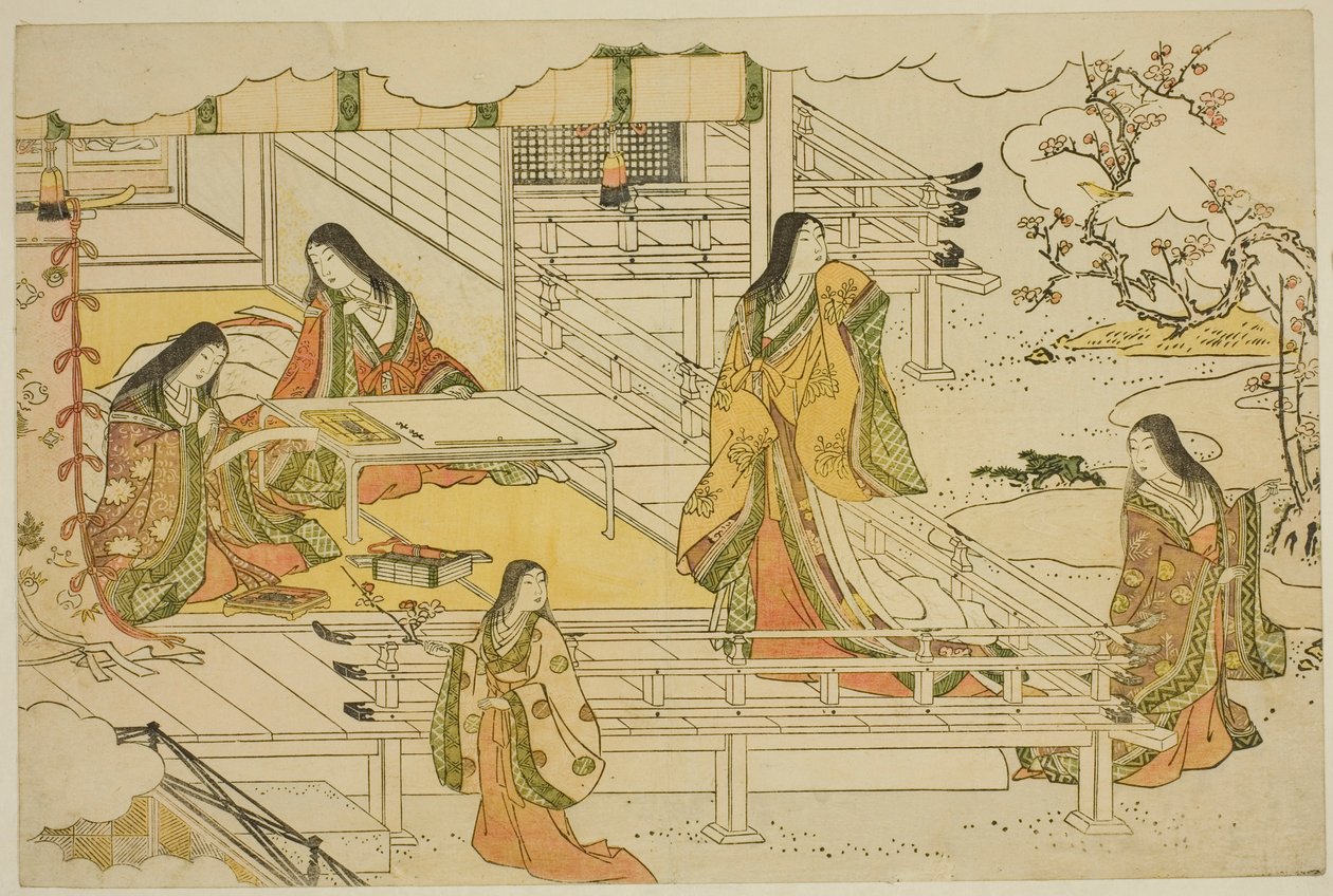 Den første kalligrafi i det nye år (Kissho hajime), fra den illustrerede bog "Colors of the Triple Dawn (Saishiki mitsu no asa)" af Torii Kiyonaga