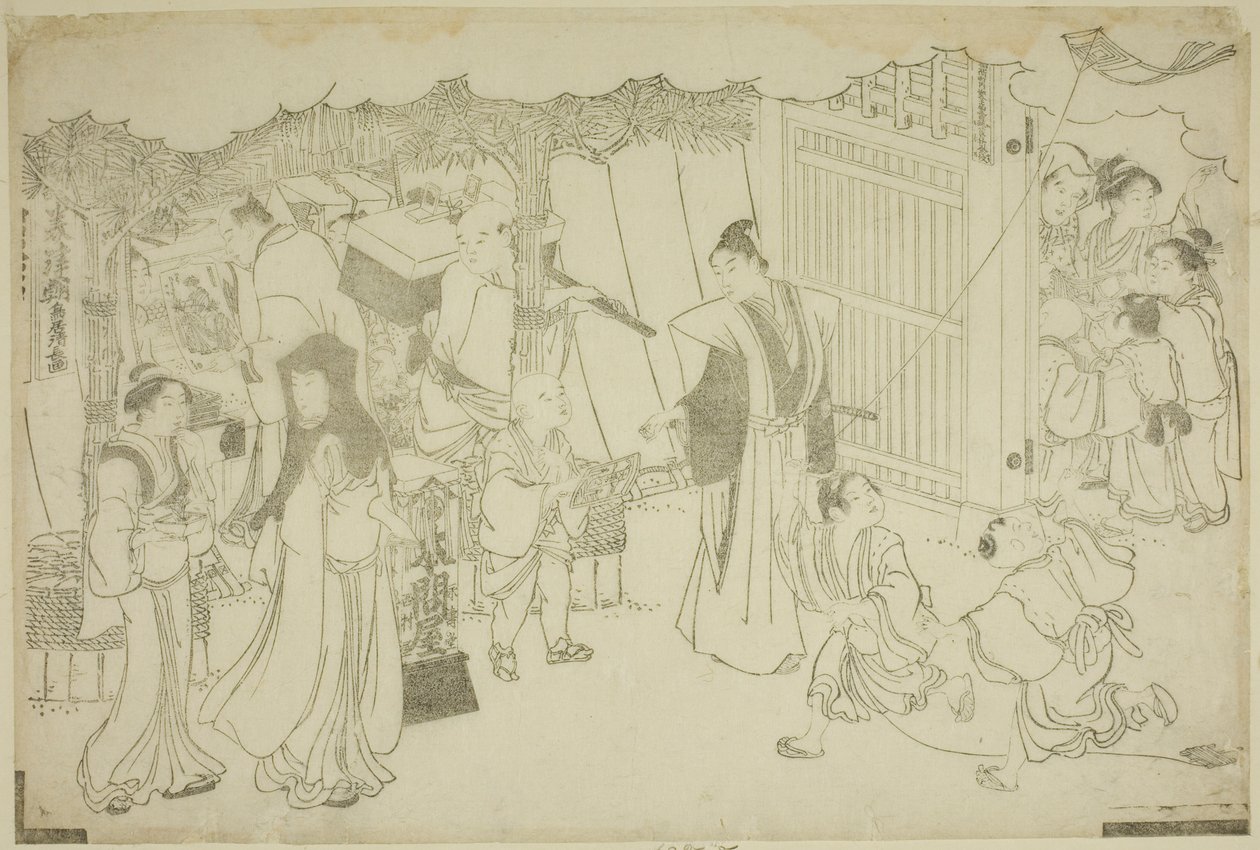The First Day of Business (Akinai hajime), fra den illustrerede bog "Colors of the Triple Dawn (Saishiki mitsu no asa)" af Torii Kiyonaga