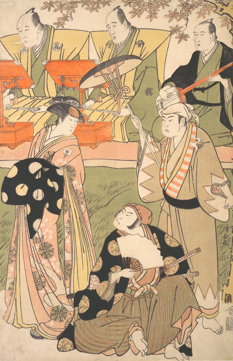 Teaterscene, med musikere. af Torii Kiyonaga