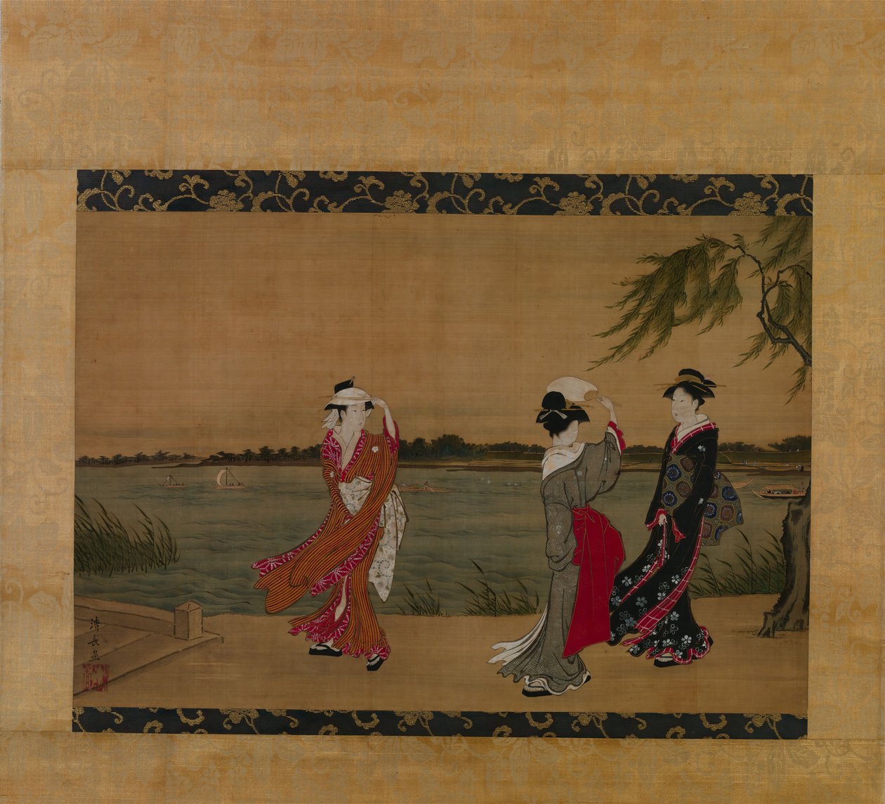 Tre piger på en flodbred, begyndelsen af det 19. århundrede. af Torii Kiyonaga