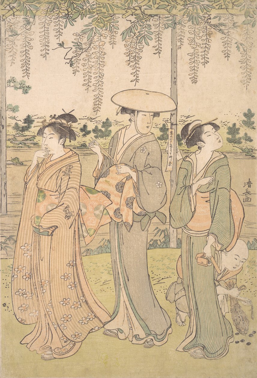 Tre kvinder og en lille dreng under en Wisteria arbor på bredden af en å, ca. 1790. af Torii Kiyonaga