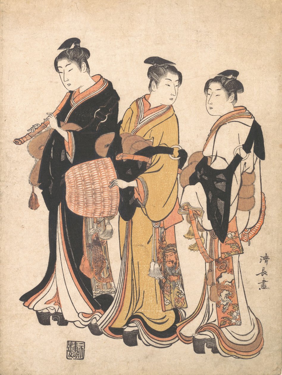 Tre unge kvinder, der maskerer sig som Komuso-vandringsminstre, ca. 1778. af Torii Kiyonaga