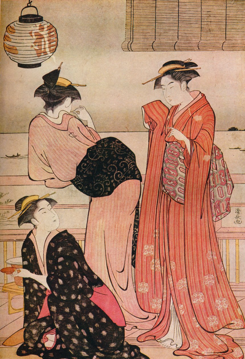 Tre piger på verandaen i et tehus med udsigt over Edo Bay ved Shinagawa, c1752-1815 af Torii Kiyonaga