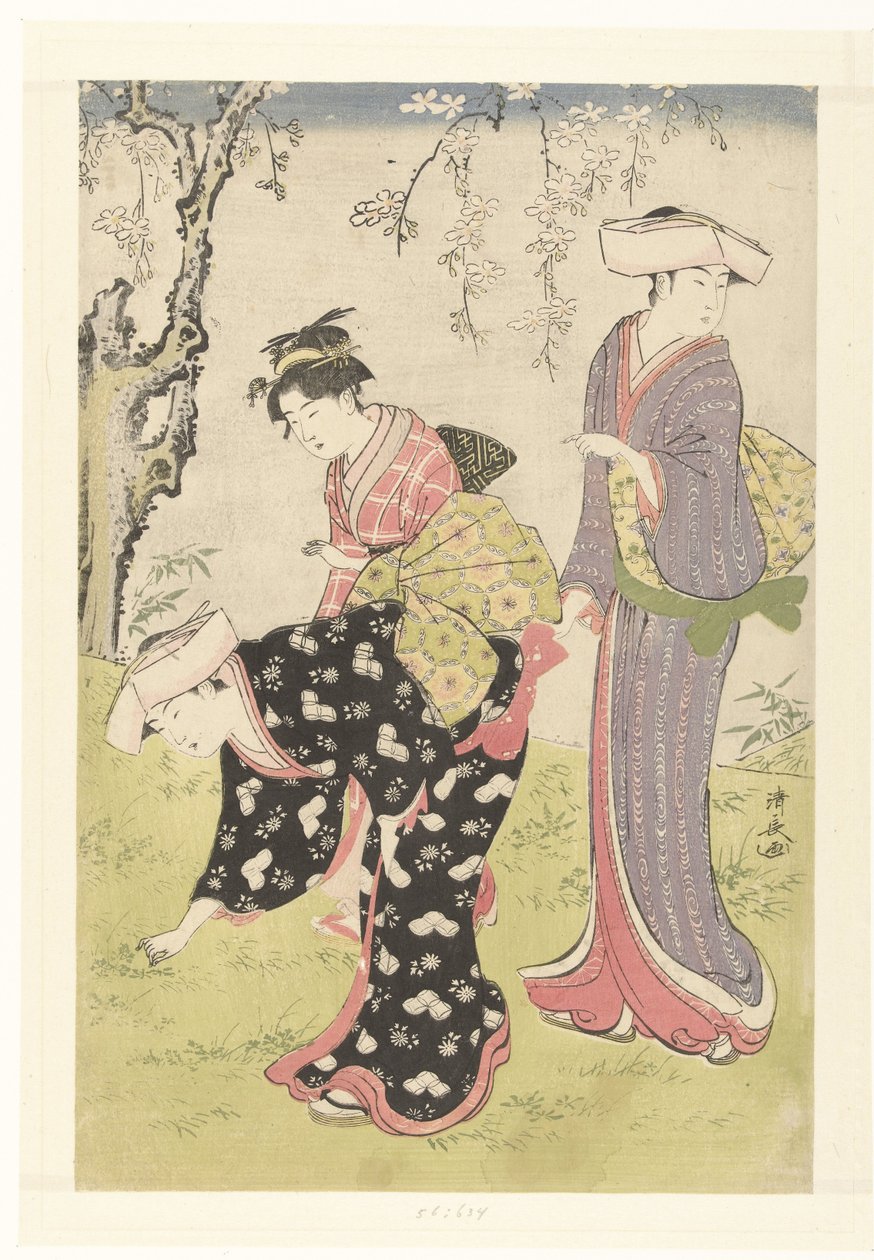 To kvinder og en pige under et blomstrende kirsebærtræ Brokader med skikke og skikke i Østen (serietitel) Fuzoku Azuma no Nishiki (serietitel) af Torii Kiyonaga