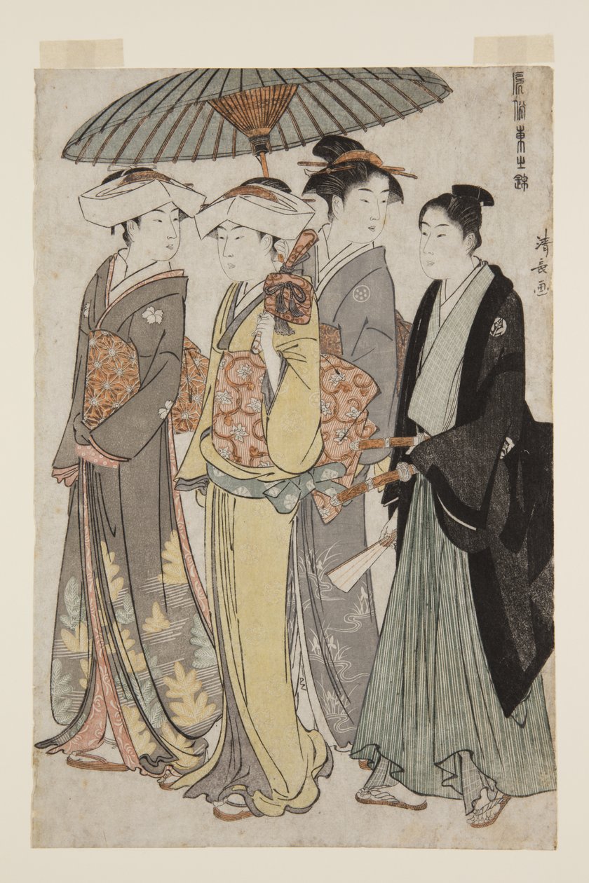 To døtre af en bannermand med en tjenende kvinde og en ung mand (træbloktryk i farver) af Torii Kiyonaga