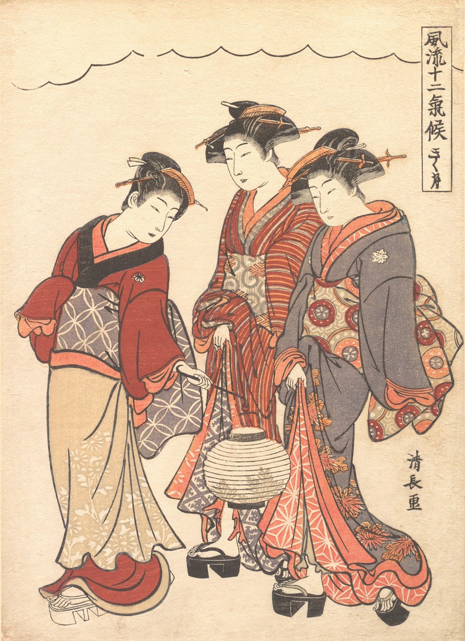 To geisha foran af en tjenestepige, der bærer en lanterne, ca. 1778. af Torii Kiyonaga