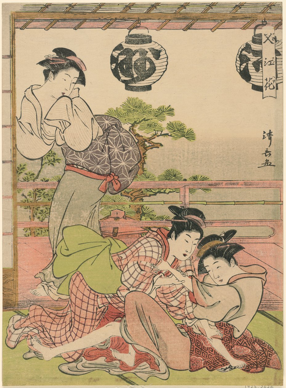 To geisha, der kæmper for et brev (Fumi no arasoi), fra serien "Flowers of Nakasu (Nakasu no hana)" af Torii Kiyonaga