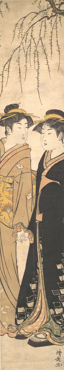 To høje unge kvinder går hånd i hånd, ca. 1785. af Torii Kiyonaga