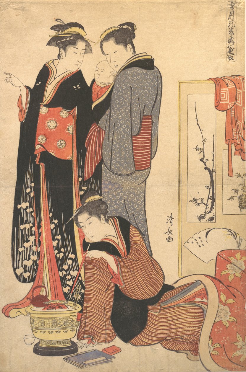 To kvinder står og holder et barn, ca. 1785. af Torii Kiyonaga
