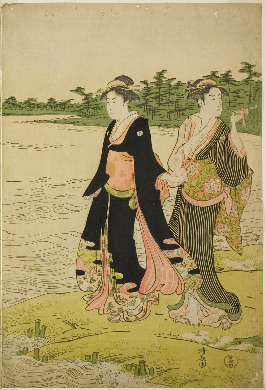 To kvinder venter på en færge på Sumida-floden af Torii Kiyonaga