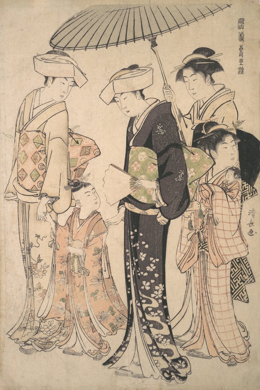 To kvinder i sommerkostume tager en ung pige med til et Shinto-tempel for Miya Mairi ..., ca. 1783. af Torii Kiyonaga