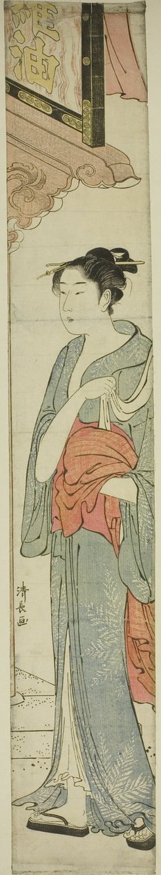 Kvinde, der går under et butiksskilt af Torii Kiyonaga