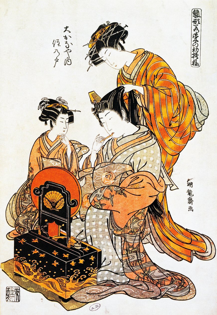 Kvinde foran spejlet, mens hun får kæmmet hår, ukiyo-e kunsttryk af Torii Kiyonaga (1751-1815), træsnit, japansk civilisation, Edo-periode af Torii Kiyonaga