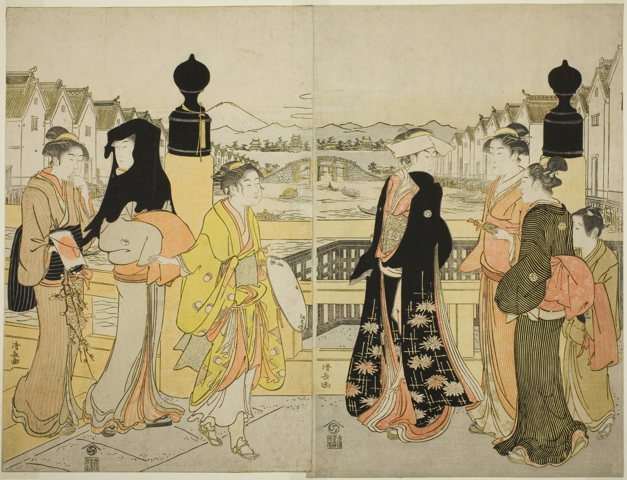Kvinder krydser Nihonbashi-broen af Torii Kiyonaga