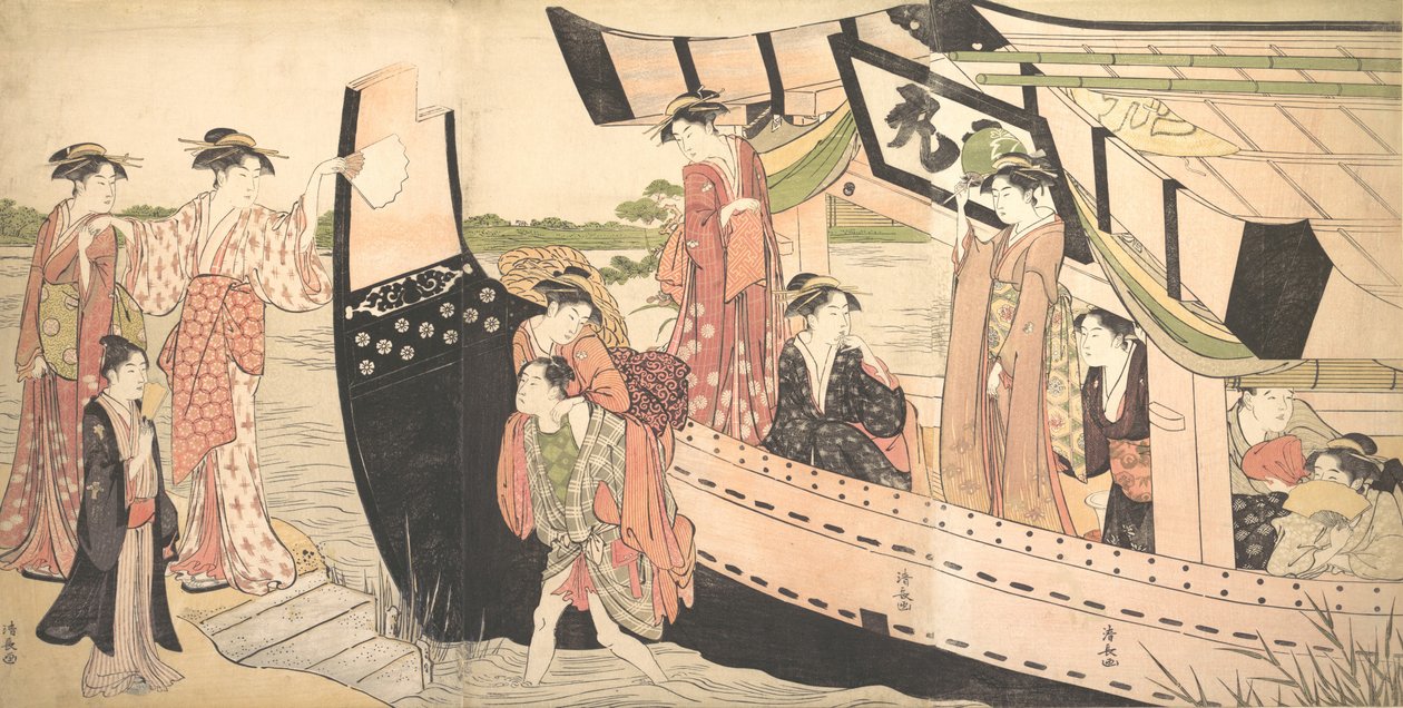 Kvinder lander fra en lystbåd trukket op til kysten ved Mukojima på Sumida-floden, ..., ca. 1785. af Torii Kiyonaga