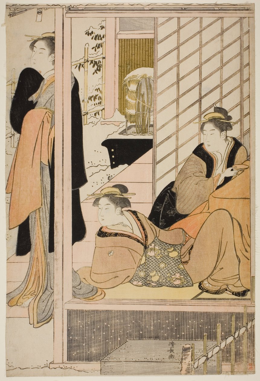 Kvinder ser en snedækket have fra en stue af Torii Kiyonaga