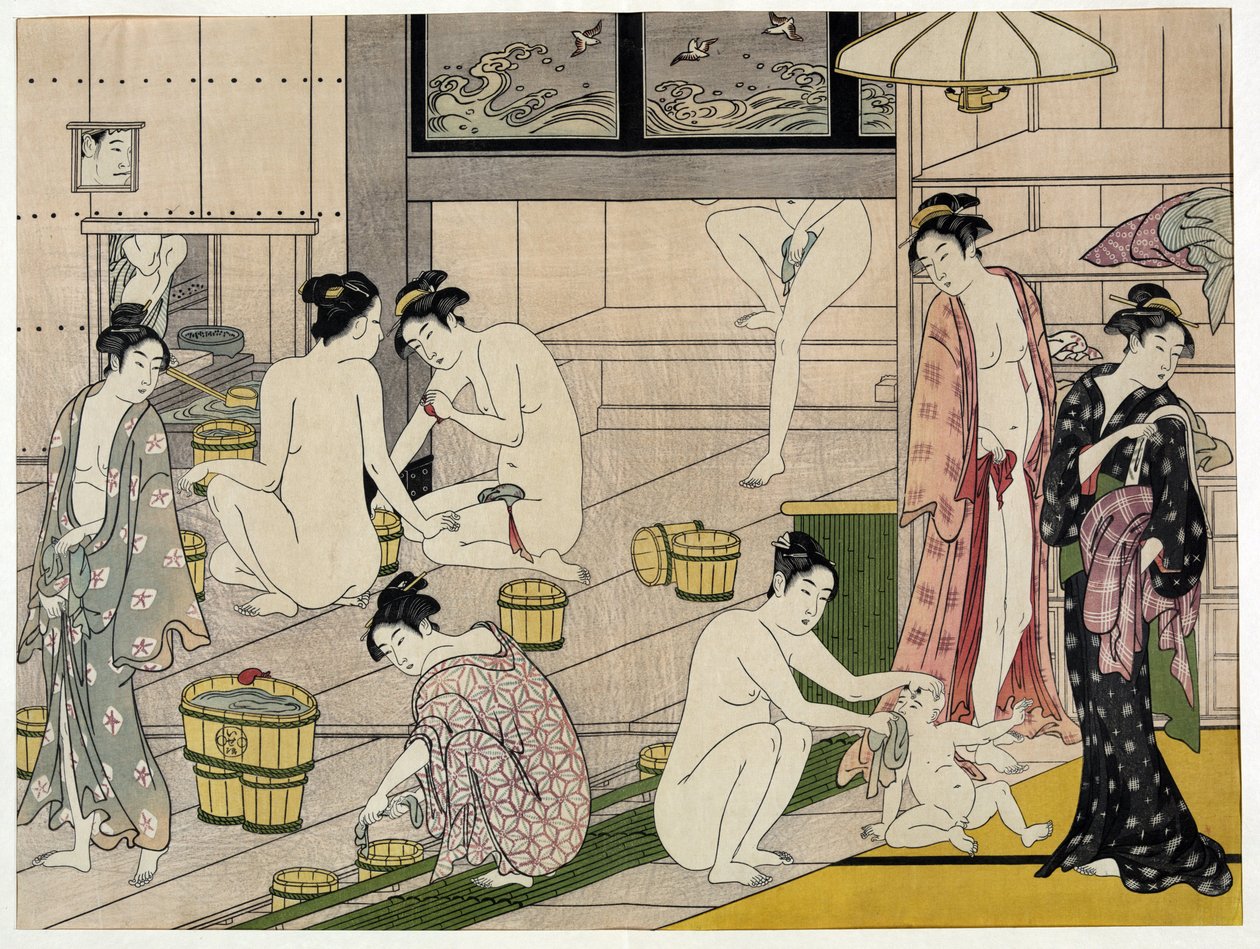 Women in a public bath. Japanese print by Torii Kiyonaga (1752-1815), circa 1785. Torii School (ukiyo-e or ukiyo e). af Torii Kiyonaga