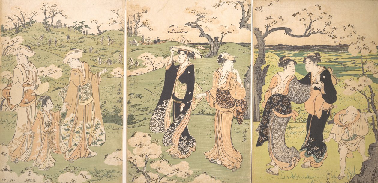 Unge damer ser kirsebærblomster i Asukayama. af Torii Kiyonaga