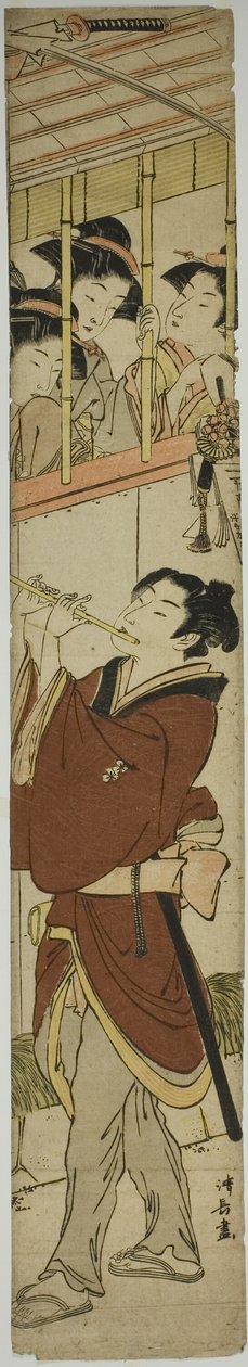 Ung mand spiller fløjte som tre piger af Torii Kiyonaga