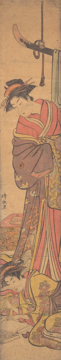 Ung kvinde kigger over skulderen af en anden, der skriver et brev. af Torii Kiyonaga