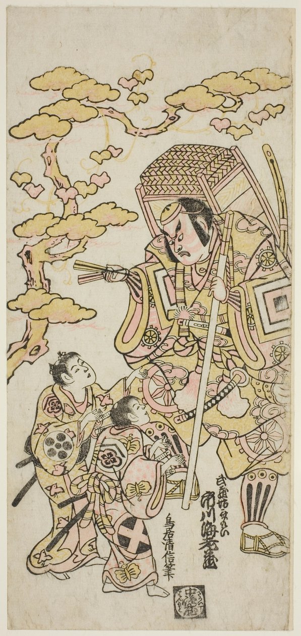 Skuespillerne Ichikawa Ebizo II som Musashibo Benkei, Sakata Shintaro (?) som Soga no Goro og Takigawa Kinya (?) som Soga no Juro i stykket "Sazareishi Suehiro Genji", opført på Nakamura Theatre i den første måned, 1744 af Torii Kiyonobu II