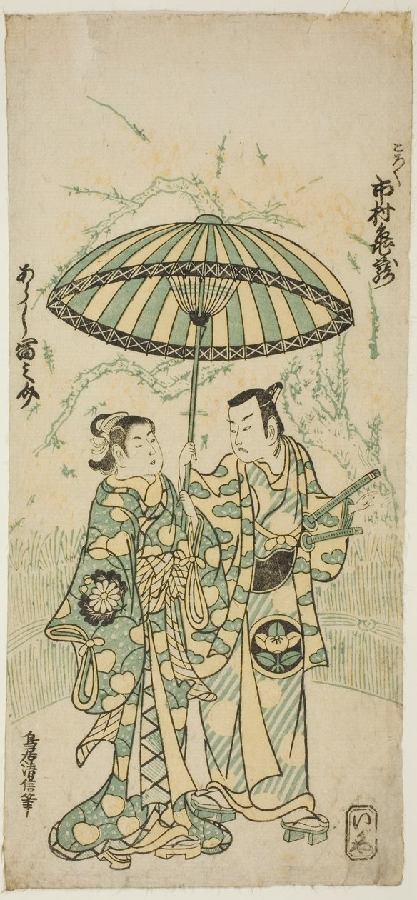 Skuespillerne Ichimura Kamezo I som Kanto Koroku og Arashi Tominosuke I som Hayasaki i stykket "Hokazo Yunzei Hachinoki", opført på Ichimura Theatre i den ellevte måned, 1748 af Torii Kiyonobu II