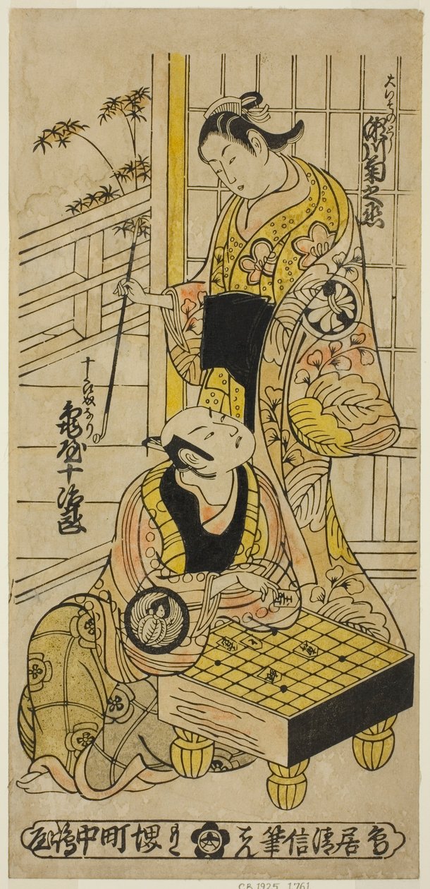 Skuespillerne Kameya Jujiro I som Soga no Juro og Segawa Kikunojo I som Oiso no Tora i stykket "Hatsu Hikage Maizuru Soga", optrådte på Nakamura Theatre i den første måned, 1737 af Torii Kiyonobu II