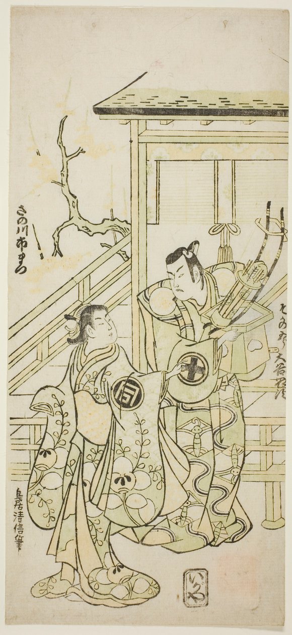 Skuespillerne Otani Oniji I som Soga no Goro og Sanogawa Ichimatsu I som søster til Yoshinaka i stykket "Fuji no Yuki Mitsugi Soga", opført på Nakamura Theatre i den første måned, 1746 af Torii Kiyonobu II
