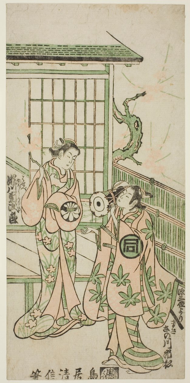 Skuespillerne Sanogawa Ichimatsu I som Minamoto no Yorimasa og Segawa Kikujiro I som Nobutsuras kone Karumo i stykket "Shusse Momijigari", opført på Ichimura-teatret i den ellevte måned, 1747. af Torii Kiyonobu II