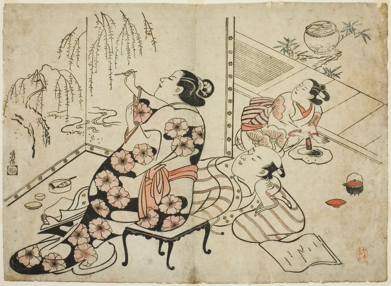 Courtesan Painting a Screen, fra en serie på 12 erotiske print af Torii Kiyonobu I