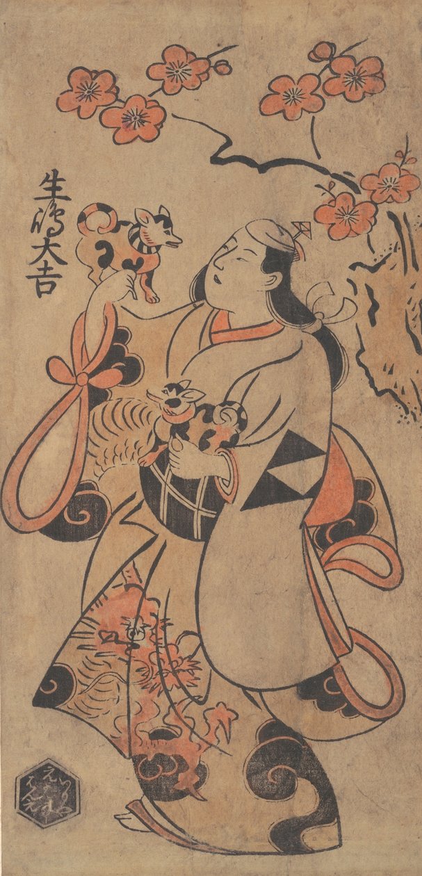 Skuespilleren Ikushima Daikichi som en kvinde, der står under et Ume-træ, ca. 1705. af Torii Kiyonobu I