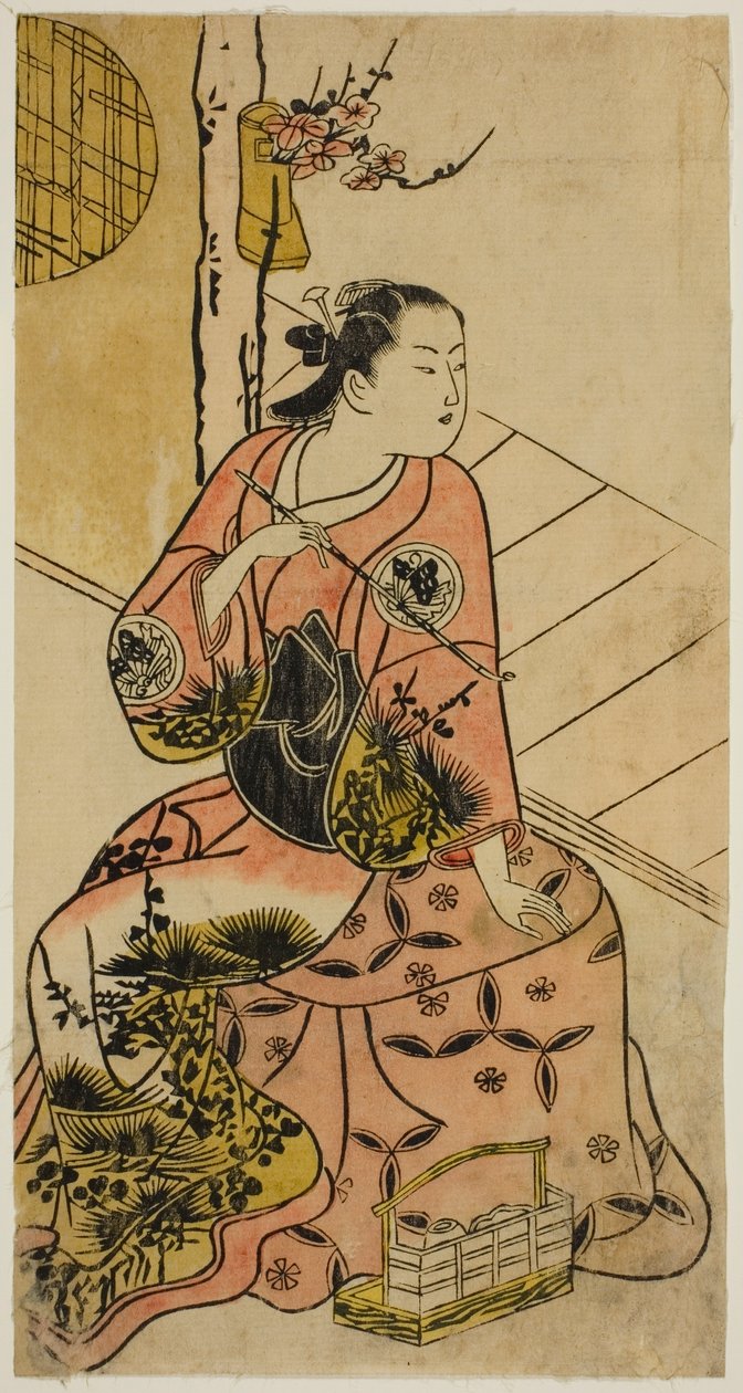 Skuespilleren Sanjo Kantaro holder en pibe af Torii Kiyonobu I