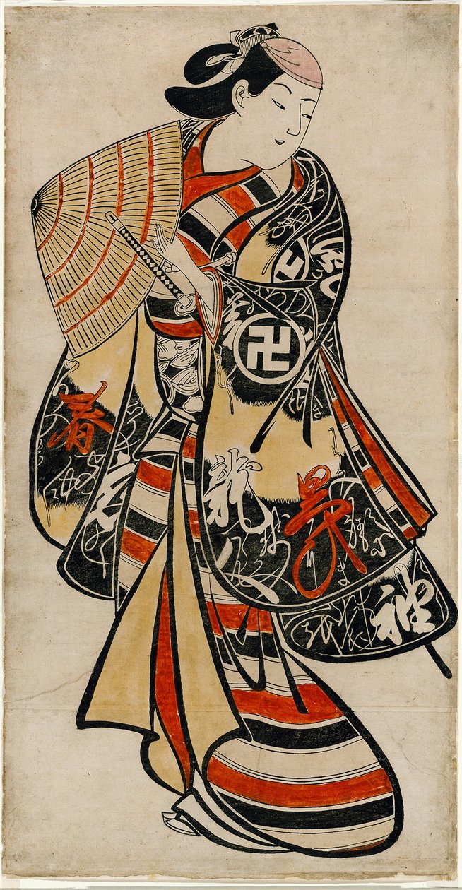 Skuespilleren Takii Hannosuke som feminin ung mand, ca. 1707 (håndkoloreret træsnit; tan-e, lodret o-oban) af Torii Kiyonobu I