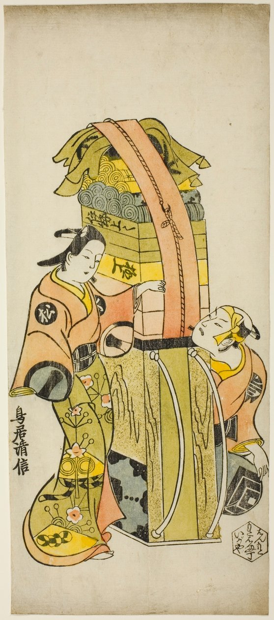 Skuespillerne Ichikawa Danjuro II som Kamada Matahachi og Ichikawa Monnosuke I som Hisamatsu i stykket "Osome Hisamatsu Shinju Tamoto no Shirashibori", opført på Morita Theatre, 1720 af Torii Kiyonobu I