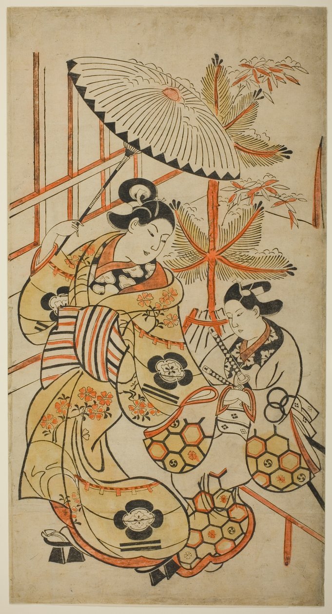 Skuespillerne Matsumoto Hyozo som kurtisane og Nakagawa Hanzaburo som ung af Torii Kiyonobu I