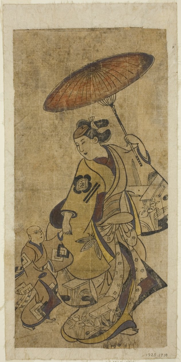 Skuespillerne Matsumoto Hyozo som kvinde med en paraply og Nakamura Shichisaburo I som ung dreng af Torii Kiyonobu I