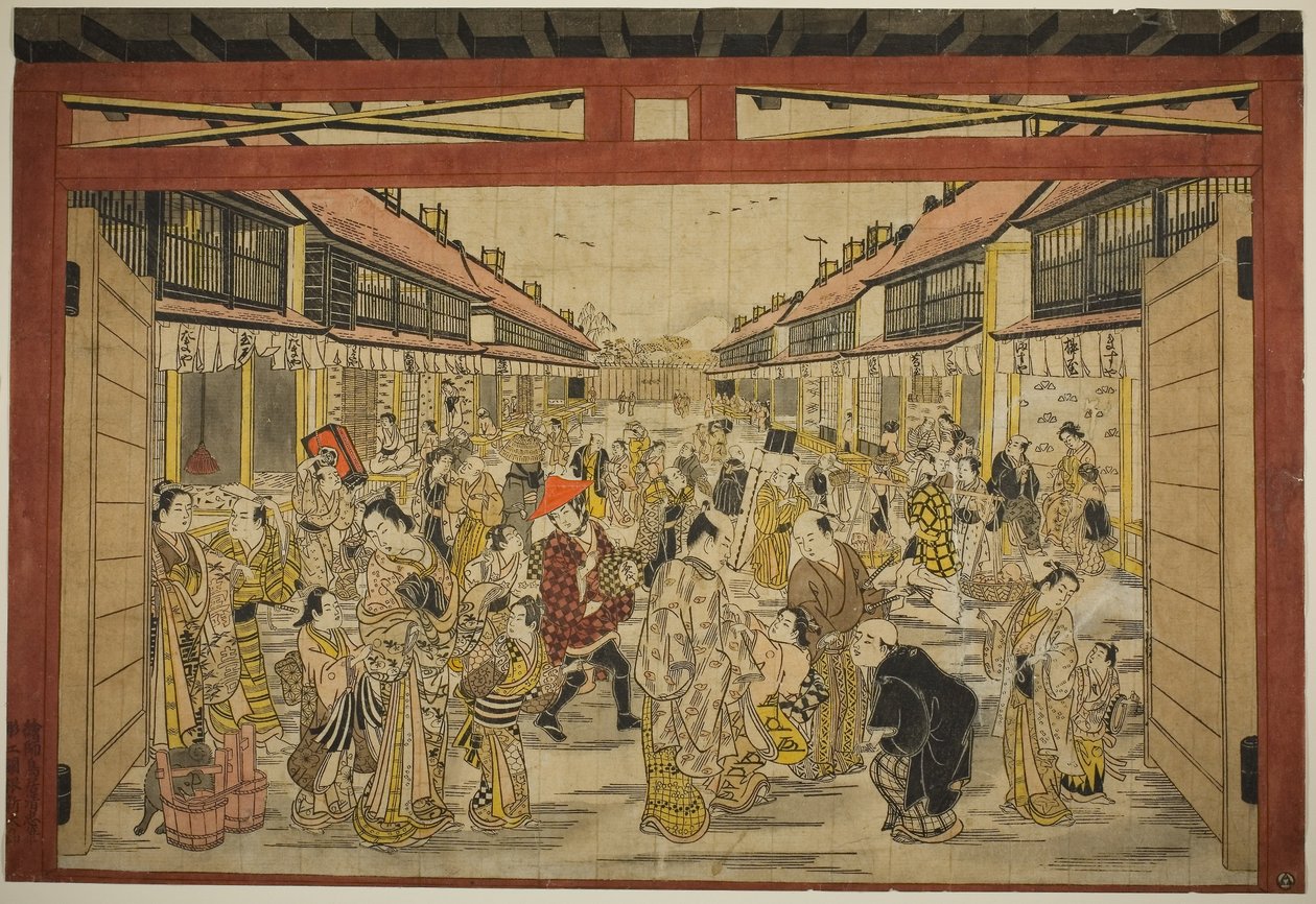 Hovedporten, New Yoshiwara, ca. 1745 (håndkoloreret træsnit; toku-oban yoko-e, beni-e) af Torii Kiyotada