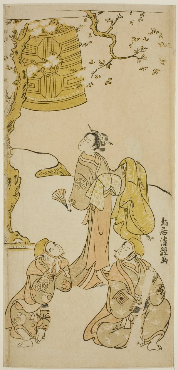 Skuespillerne Segawa Kikunojo II, Ichikawa Komazo II og Arashi Otohachi I i stykket "Fude Hajime Soga no Tamazusa", optrådte på Nakamura Theatre i den første måned, 1768 af Torii Kiyotsune