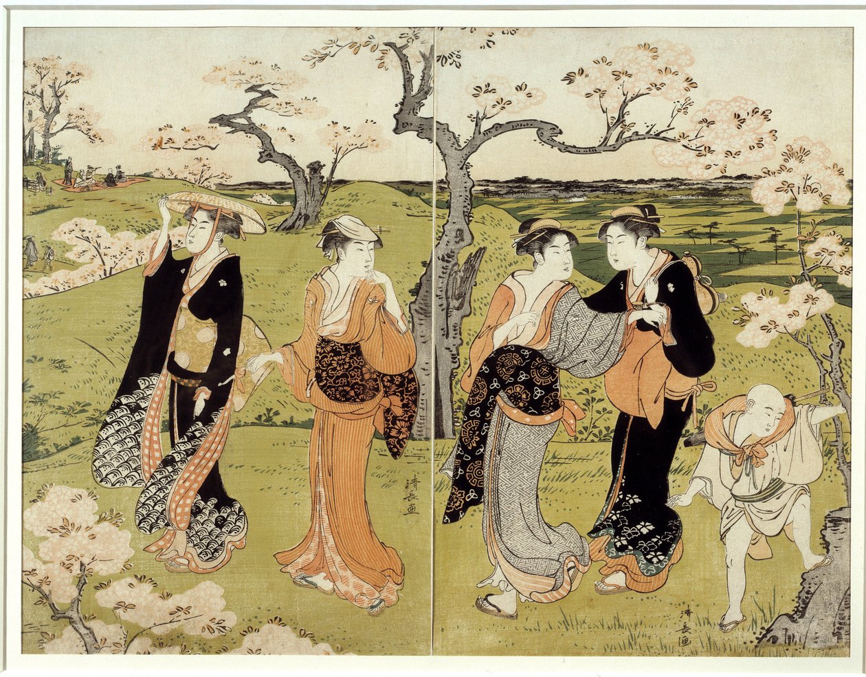 Picnic under kirsebærblomster i Assaakayama. Japansk tryk af Torii Kiyonaga (1752-1815), Ukiyo-E stil af Torii Kuyonaga