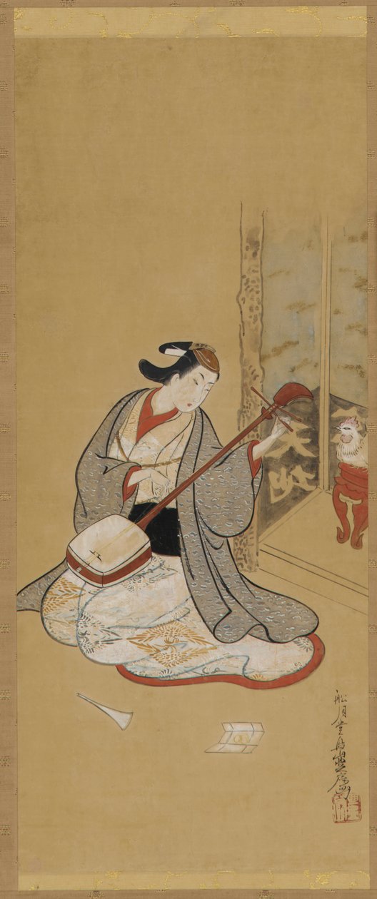 En skuespiller i kvindelig kjole, der snor en samisen, Edo-periode, midten af slutningen af det 18. århundrede. af Toriyama Sekien
