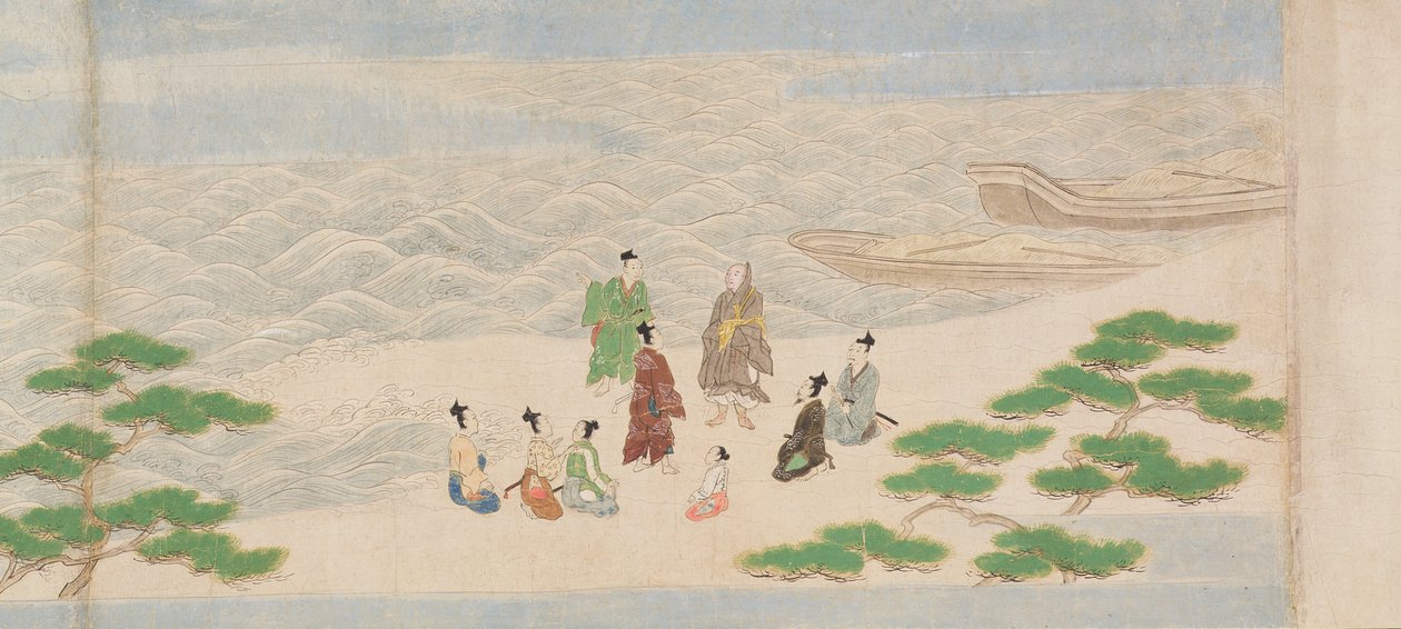 Illustration fra grundlæggelsen af det buddhistiske tempel, Tsukiminedera, Muromachi-perioden, 1495 (blæk, farve og guld på papir) af Mitsuyoshi Tosa