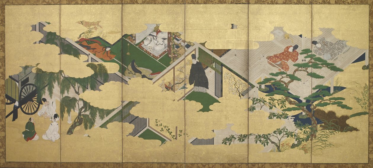 The Tale of Genji, kapitel 2: Prins Genjis besøg i Utsusemi, Edo-perioden (blæk, farve og guld på papir) af Tosa Mitsuoki